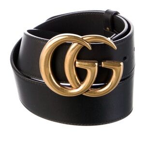 Authentic Gucci Black Leather Belt with Gold Double G Buckle